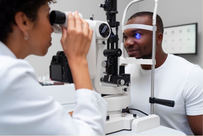 Photo of an African man having an eye check up.